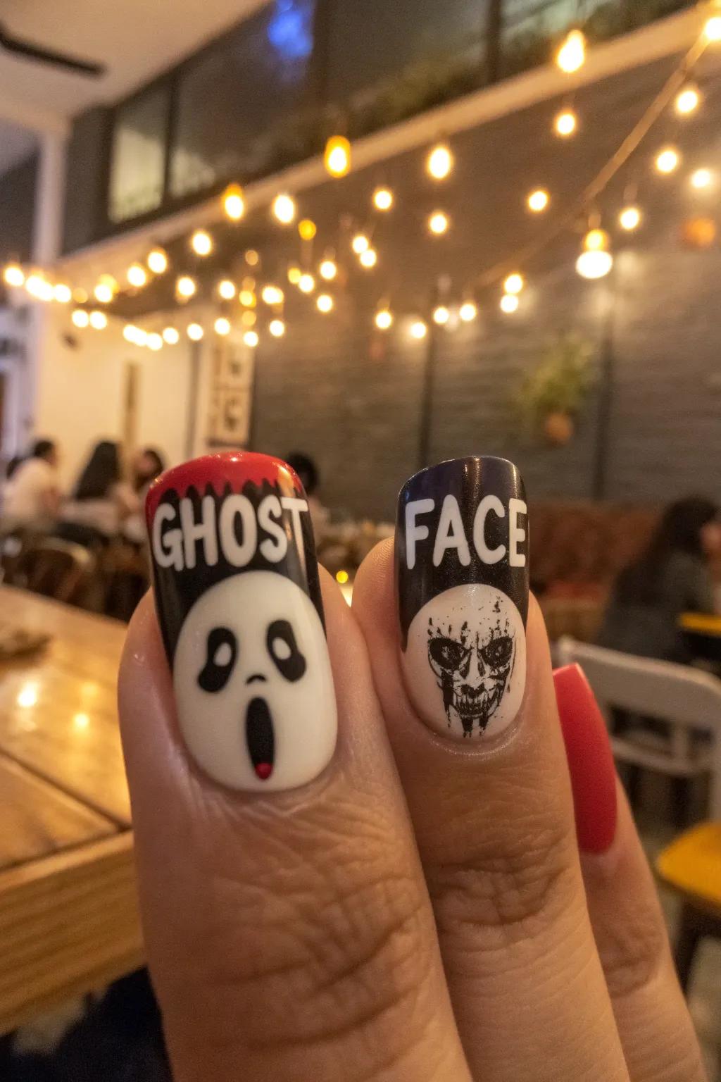 Spooky text adds personality to ghost face nails