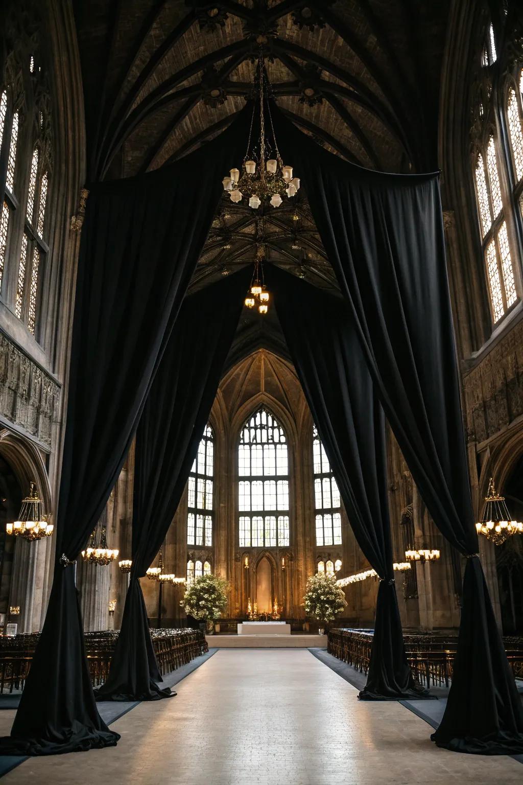 A gothic wedding venue with elegant black drapery.