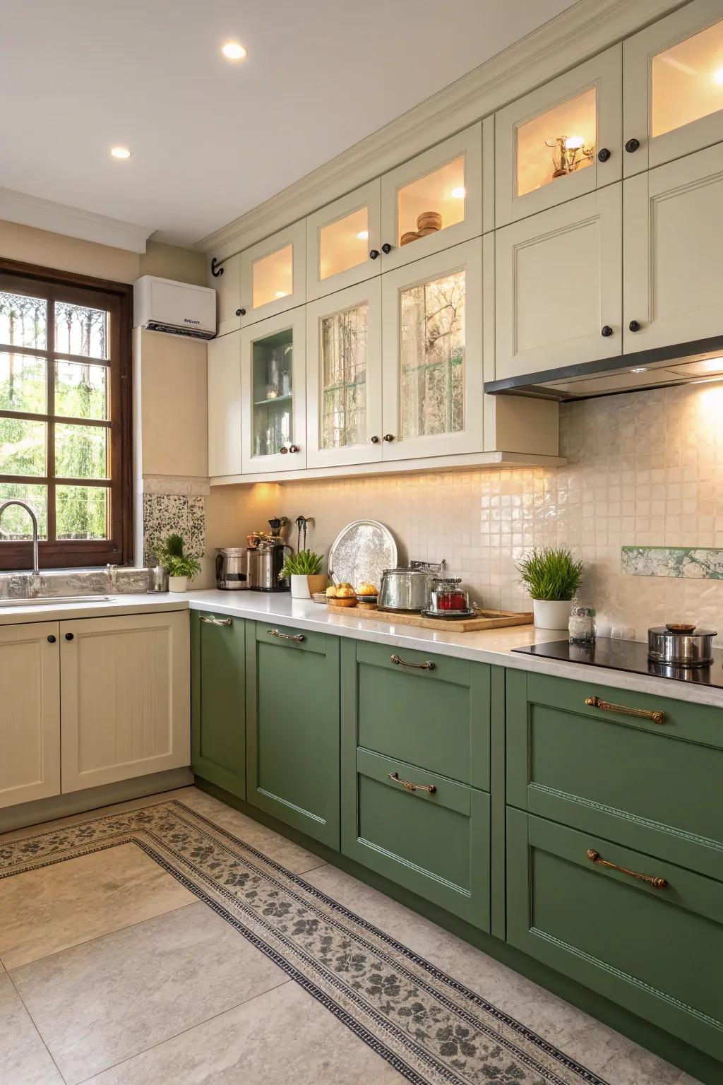 Two-tone cabinetry adding depth and character to a green kitchen.