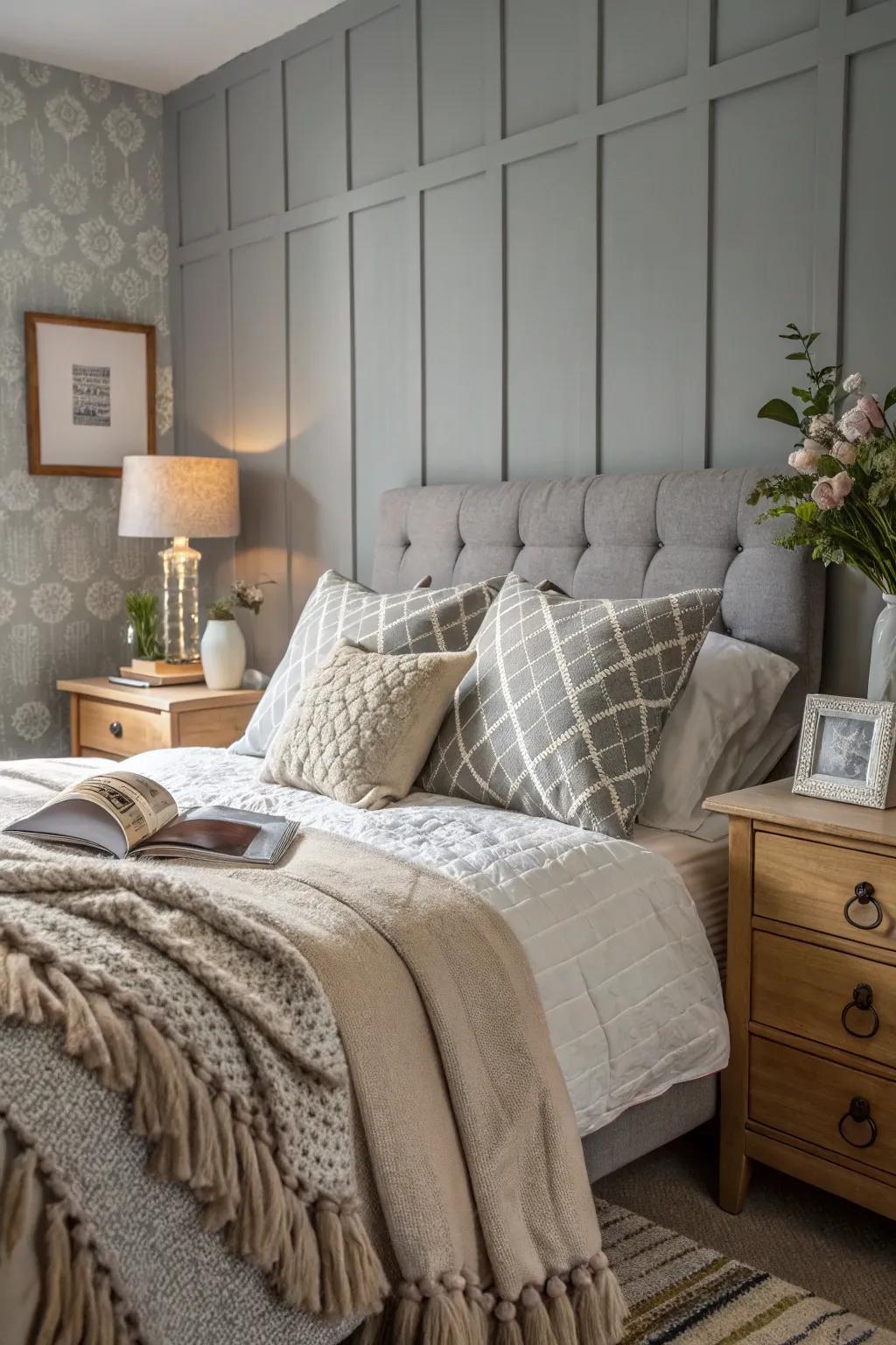 Tiered surfaces complement this grey feature wall beautifully.