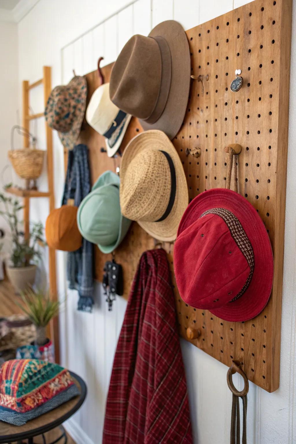 Pegboards offer a versatile and expandable hat storage solution.