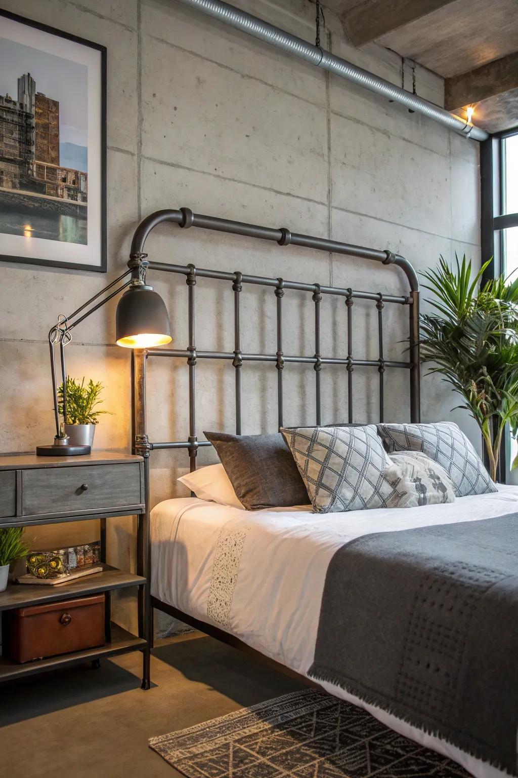 Infuse industrial sophistication through a metal headboard.
