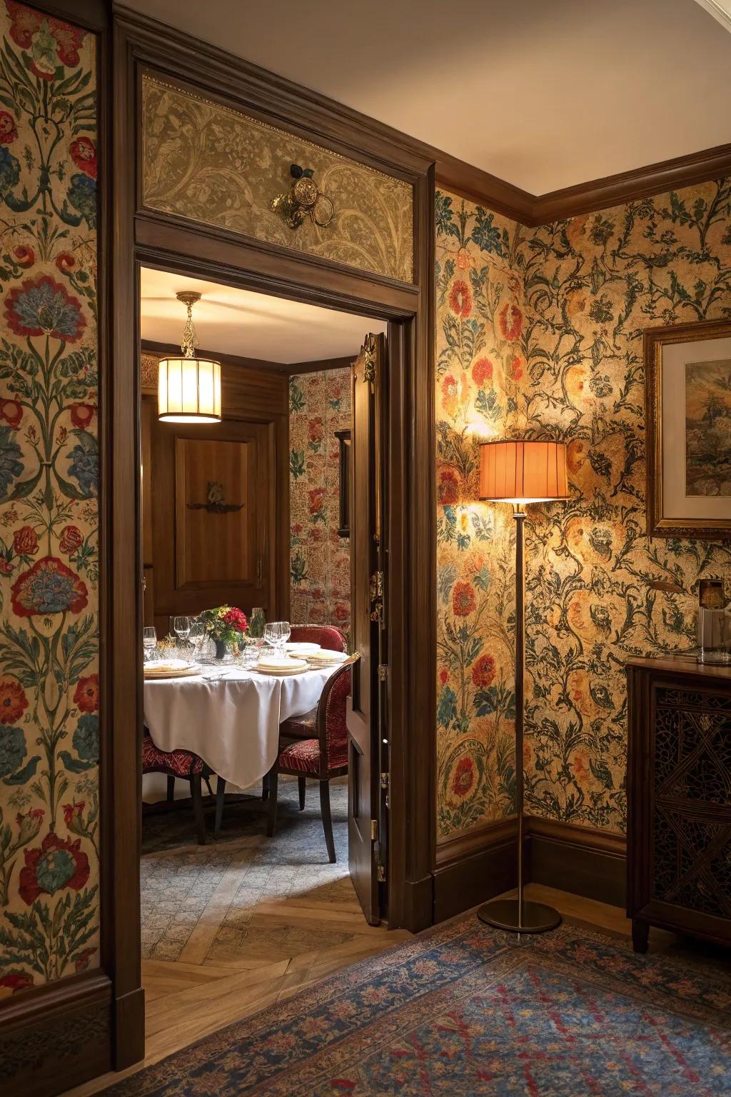 A dining room with a hidden door camouflaged by wallpaper.