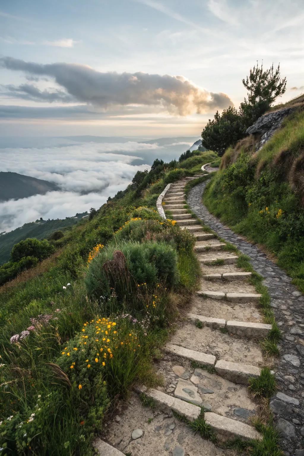 Curved stone pathways create inviting journeys.