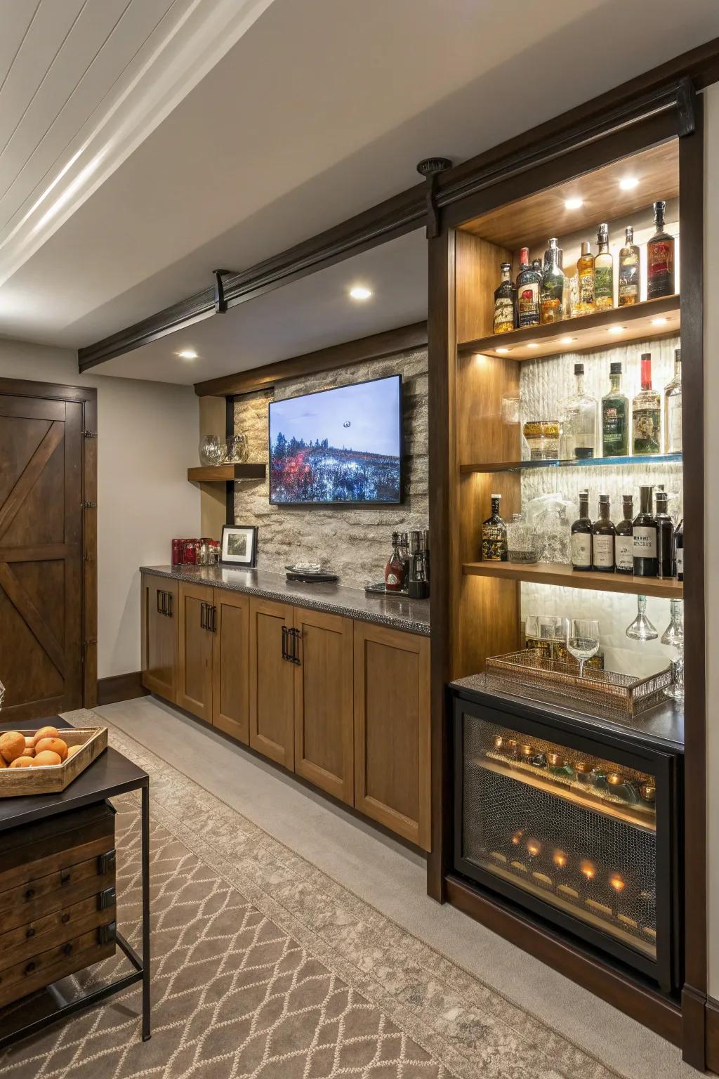A hidden TV adds a surprise element.