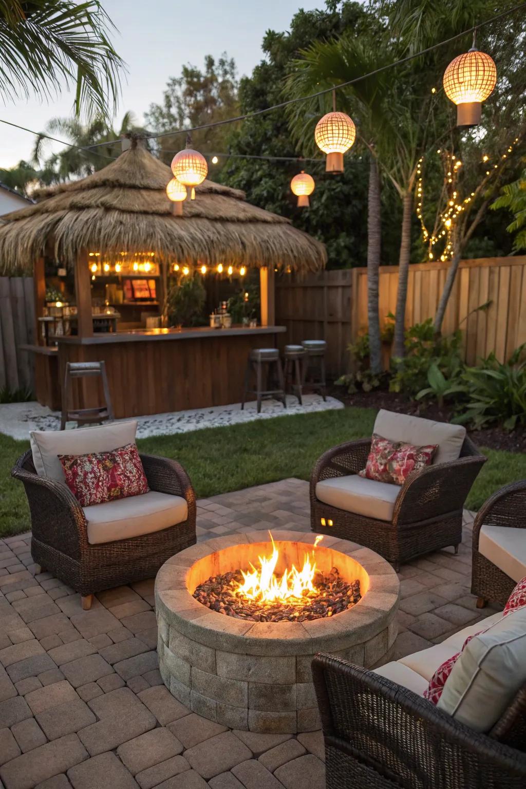 A fire pit enhances warmth and ambiance.