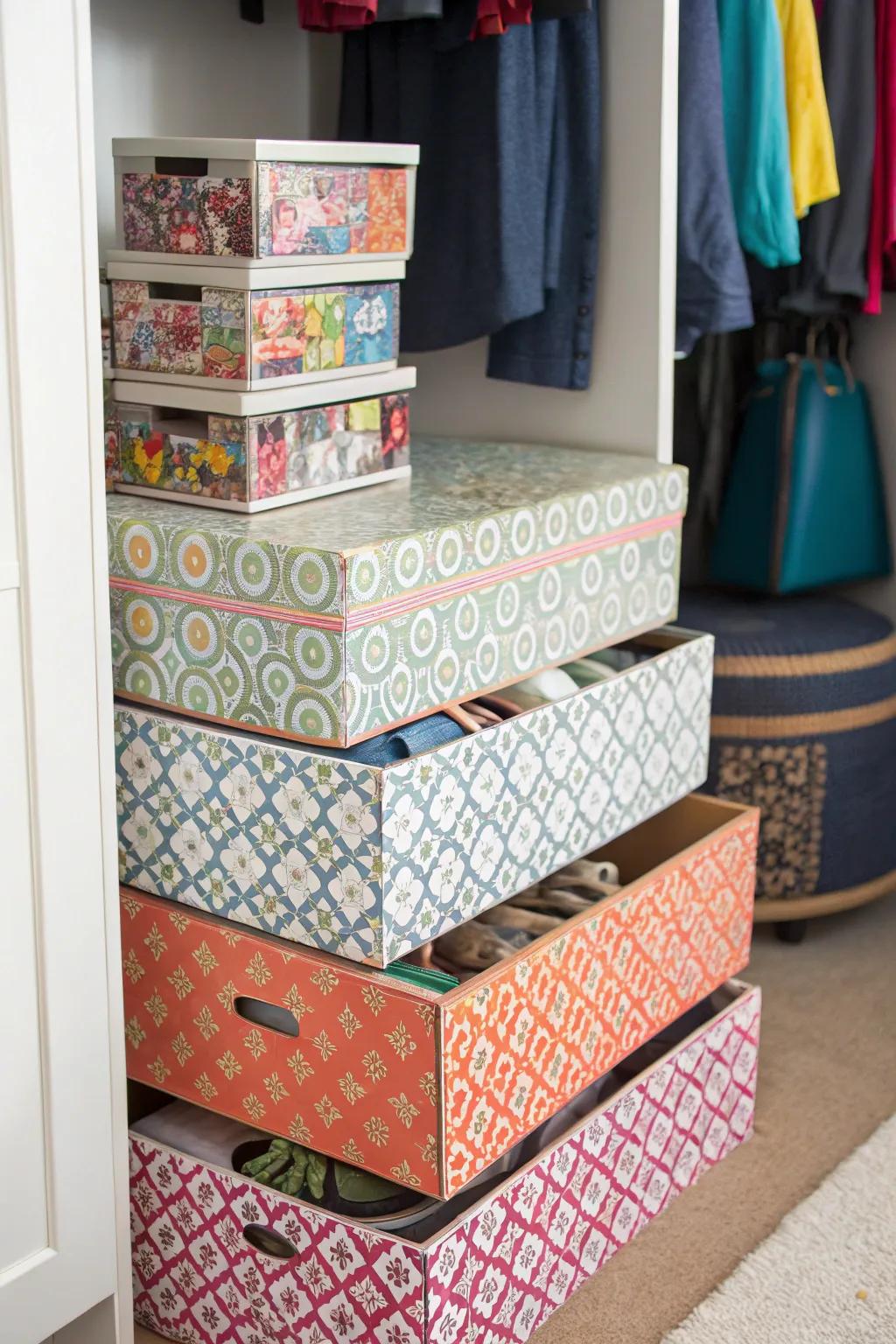 Shoe boxes turned into stylish puzzle storage.