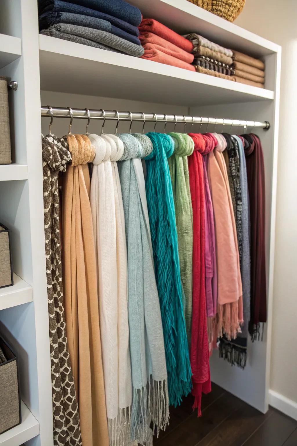 Pull-out racks offer convenience and organization for scarf storage.