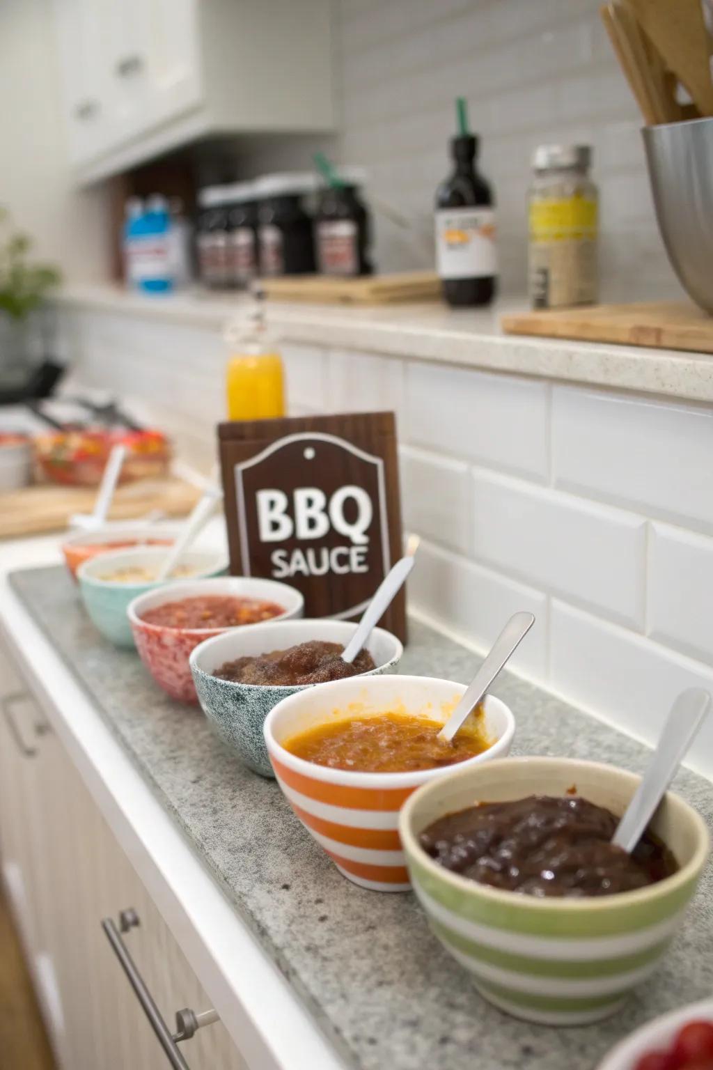 A DIY BBQ sauce bar lets guests personalize their flavors.