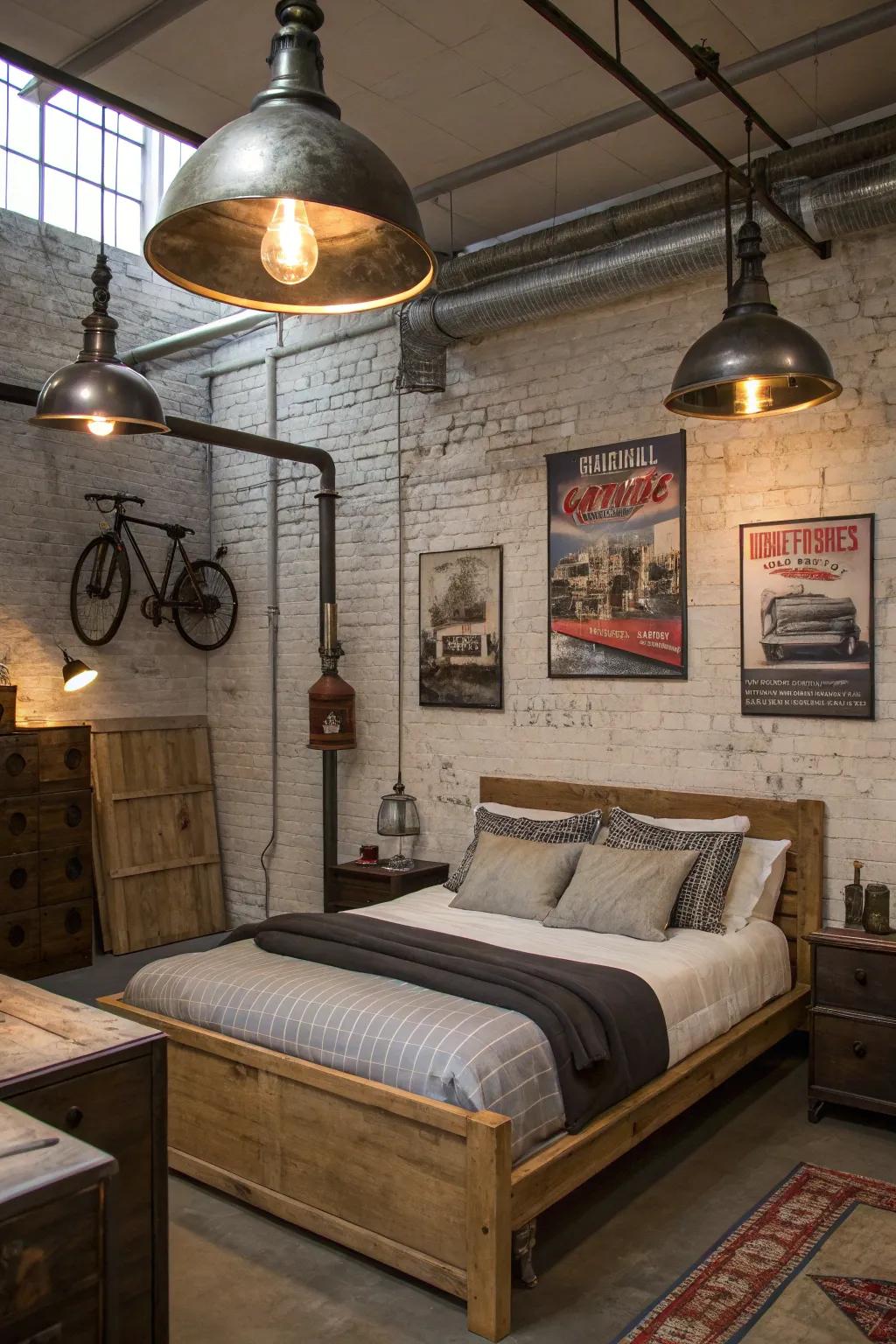 Industrial lighting adds a nostalgic glow to this bedroom.