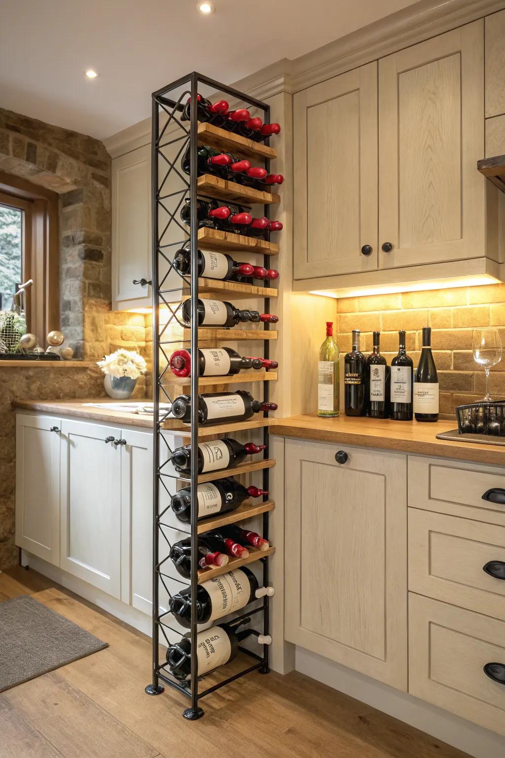 A corner wine rack brings sophistication and storage together.