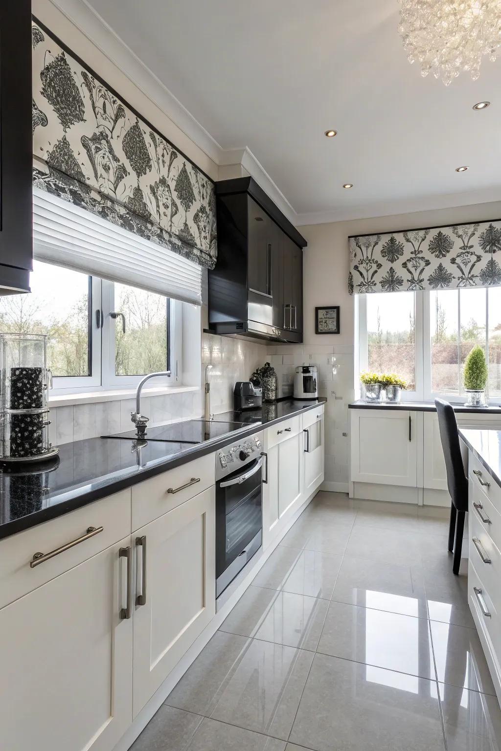 Monochrome blinds offer refined sophistication.