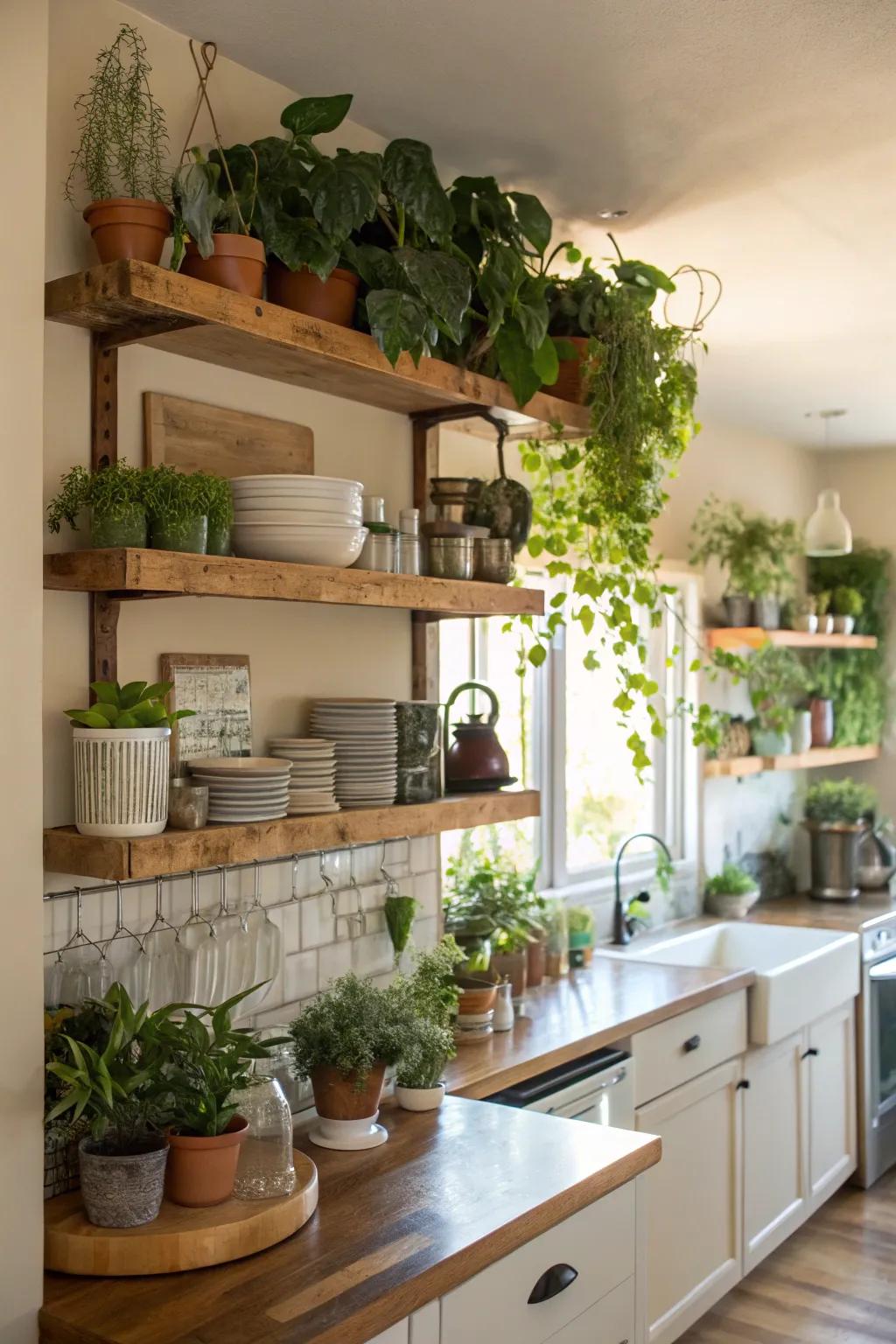 Plants on shelves amplify aesthetic appeal and enhance air purity.