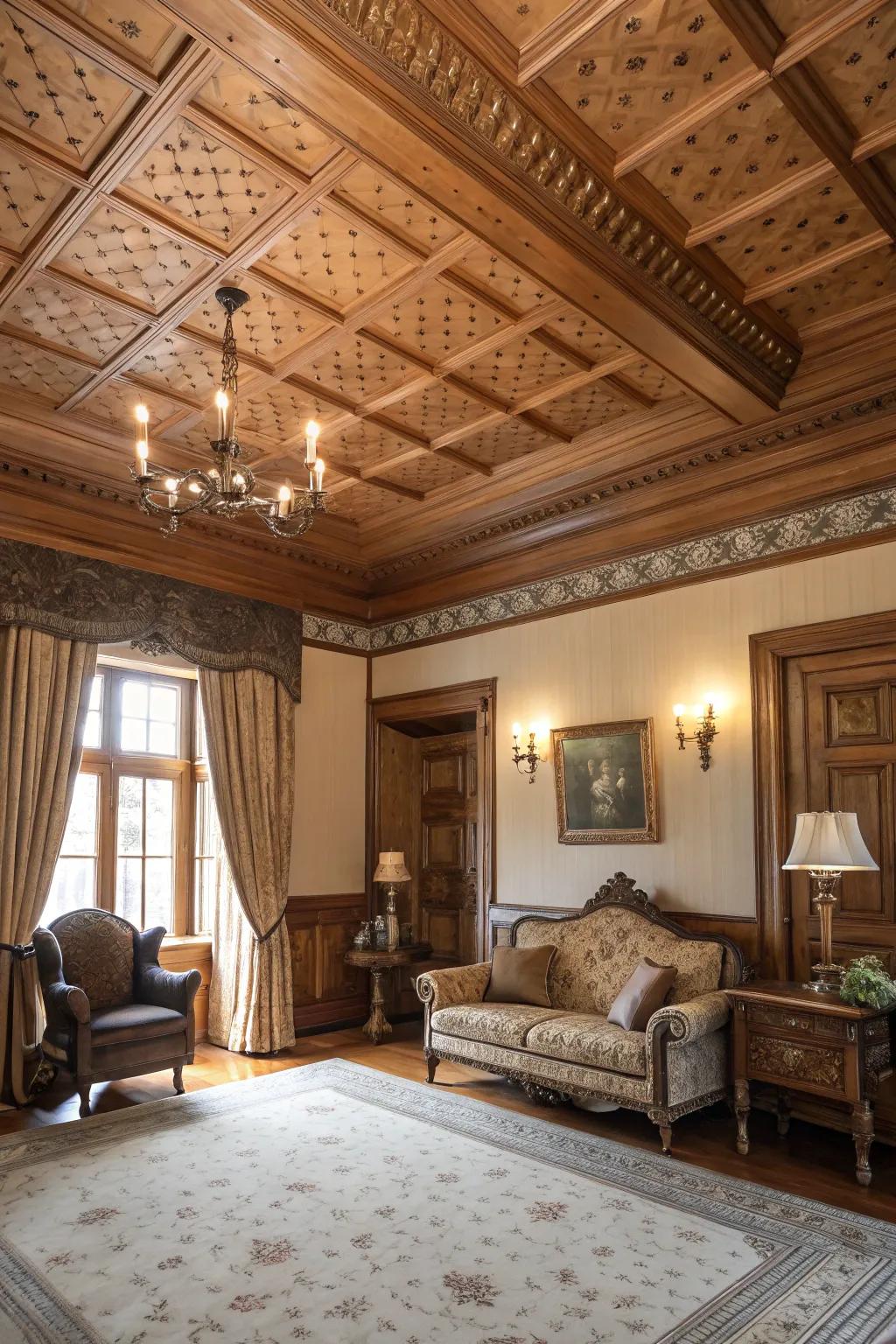 An elegant room where crown molding complements the knotty pine ceiling.