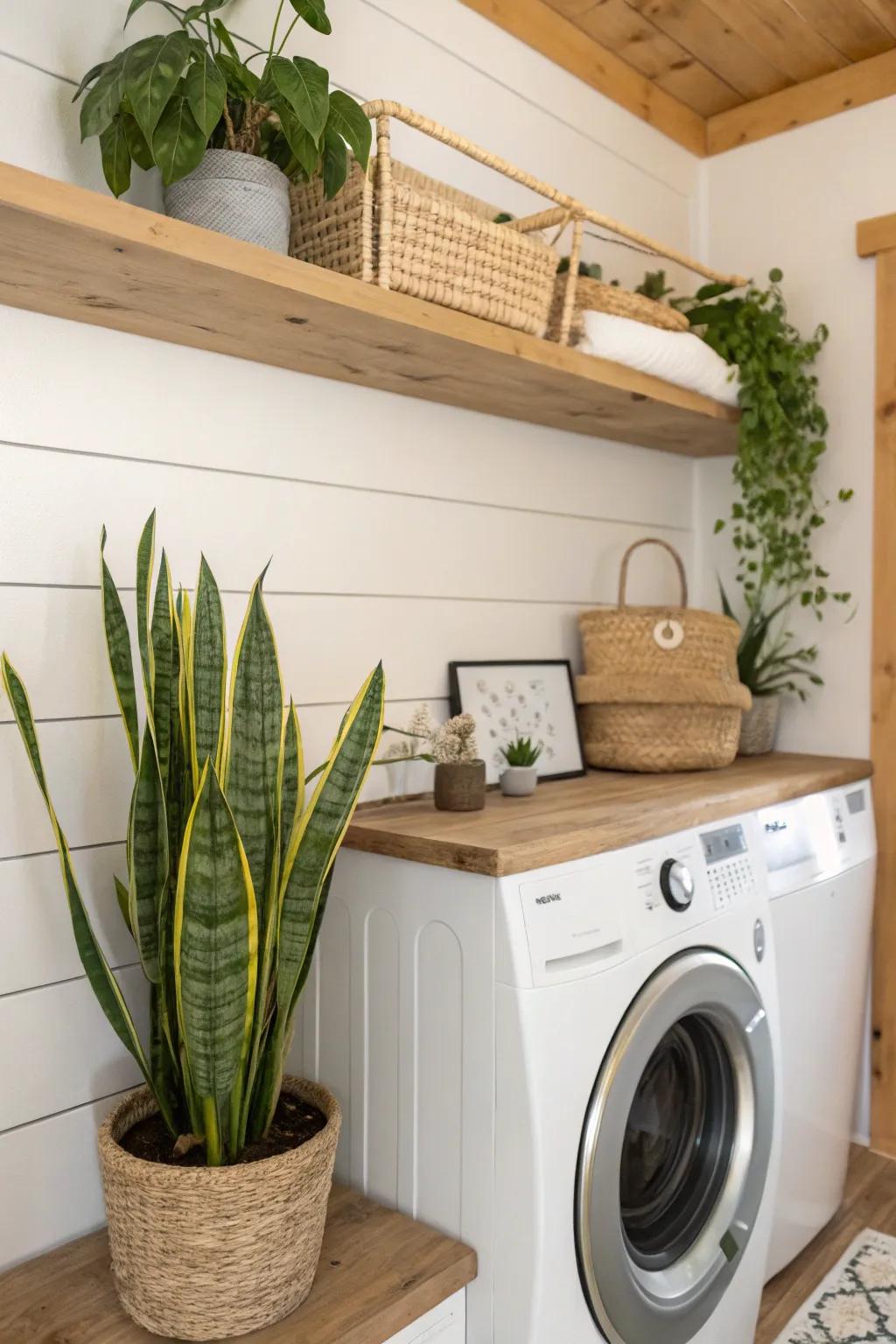 A snake plant adds a touch of nature to the laundry room.