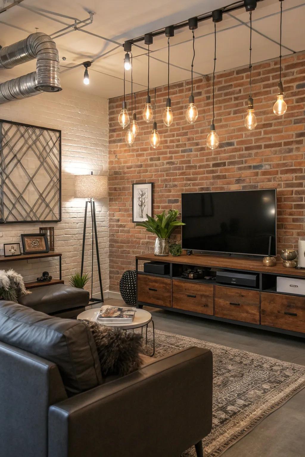 Imitation brick contributes an industrial appeal and unique presence to this living space.
