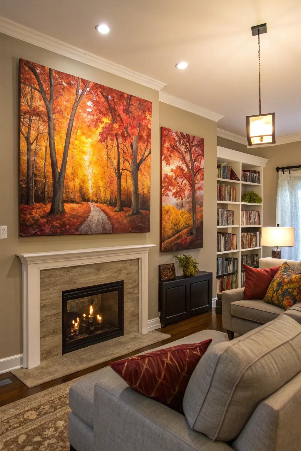 The wall art, themed around fall, enhances the overall seasonal décor.