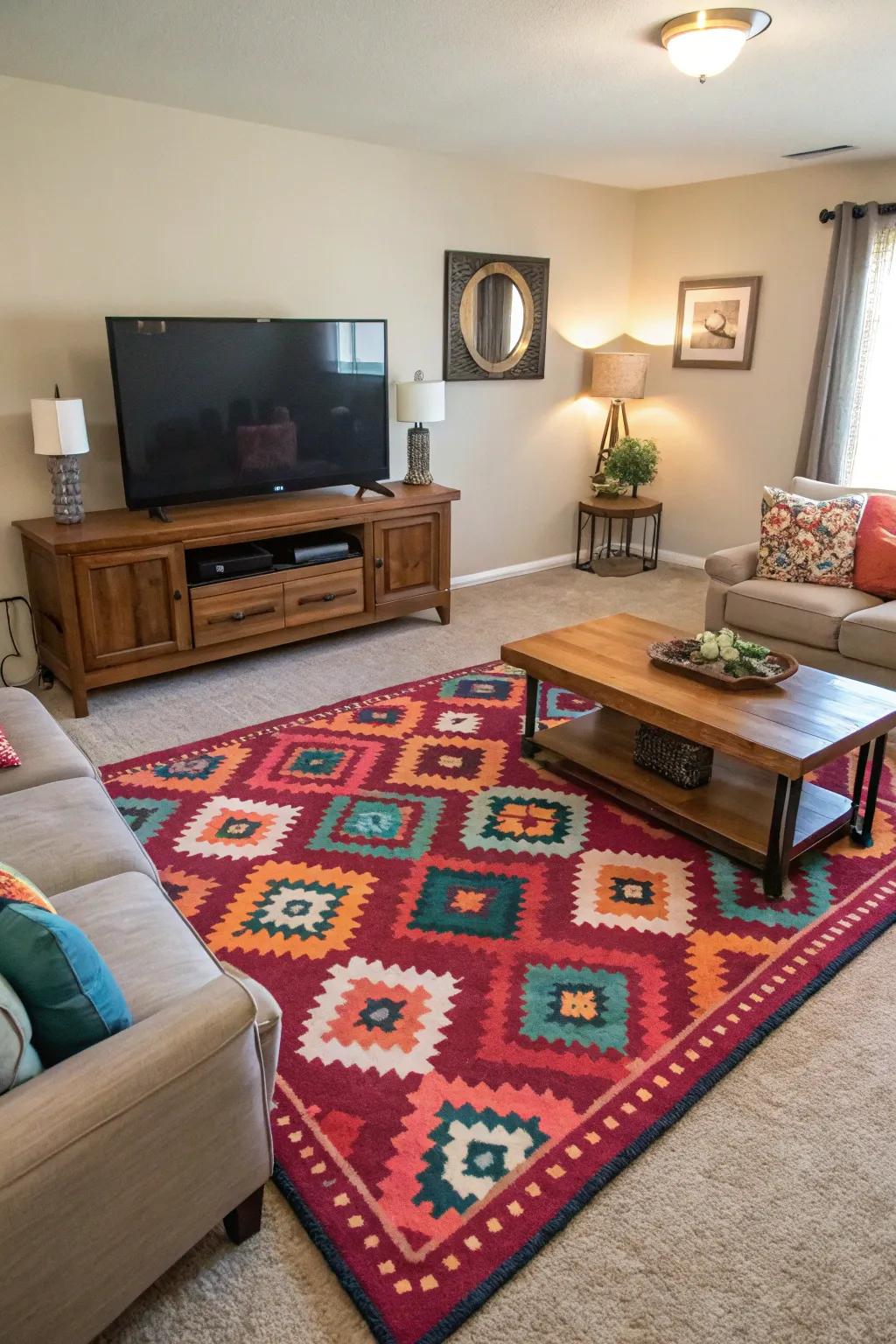 The statement rug brings color and texture to the TV area.