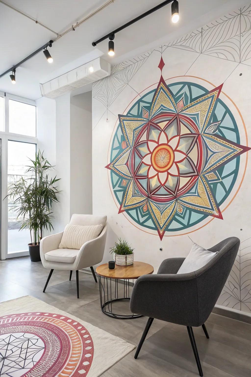 A geometric mandala design elegantly bridging styles in a studio.