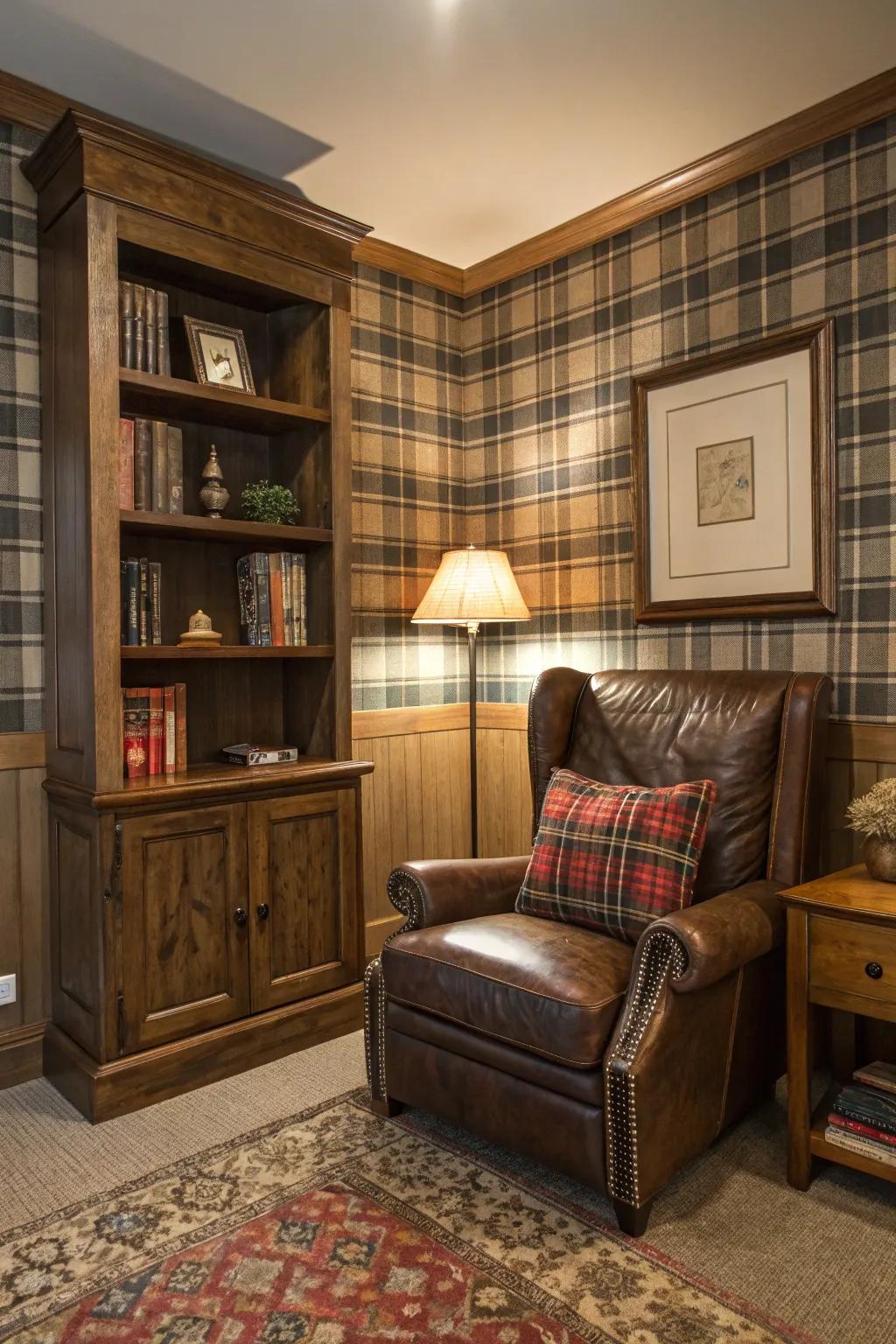 Plaid wallpaper brings cozy, timeless charm.
