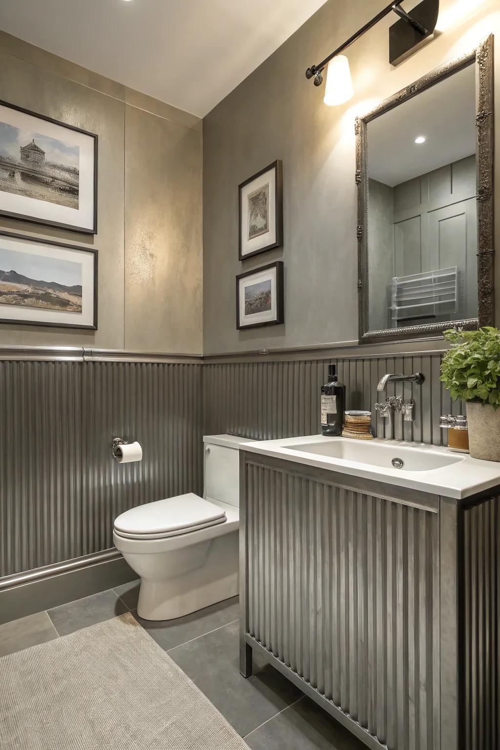 Achieve industrial elegance in your bathroom with metal wainscoting.