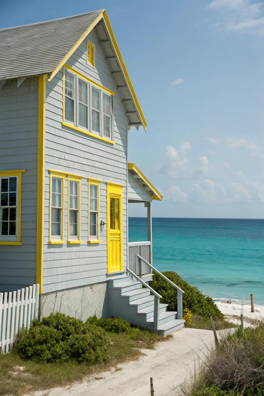 Gentle grey and lemon details bring a sunny disposition to a beach home.