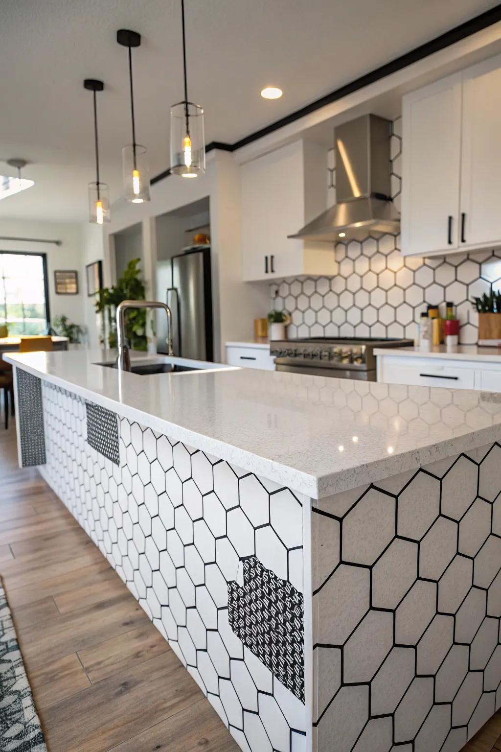 Six-sided tiles add a geometric flair to this modern kitchen.