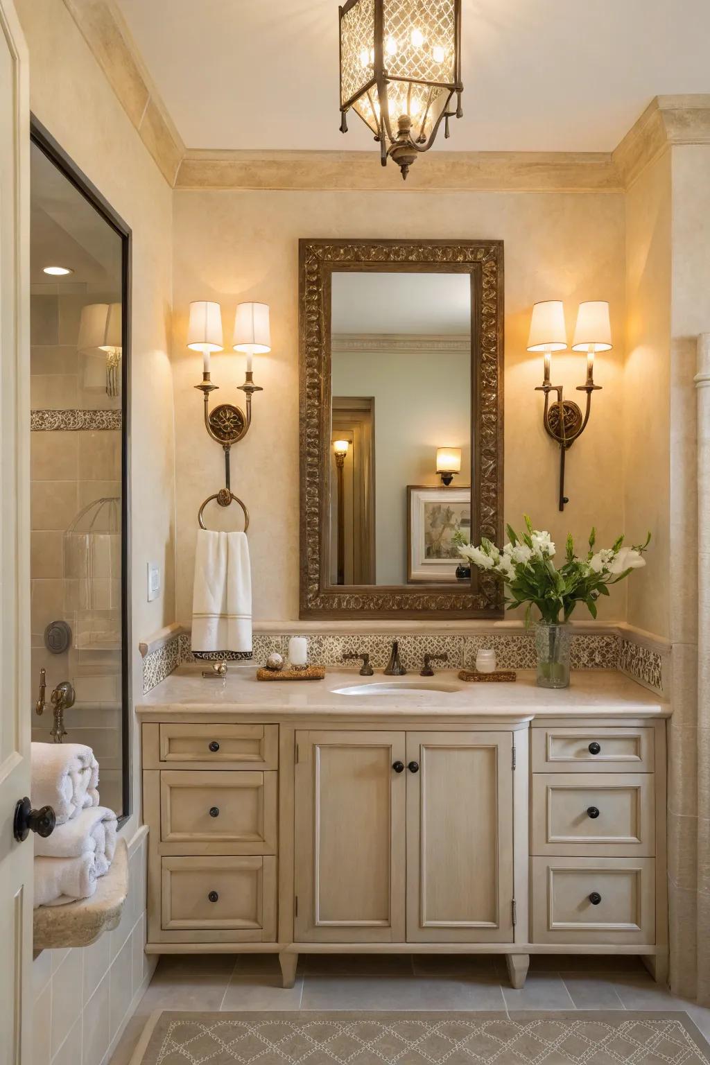 Refined light fittings add sophistication to this subdued bathroom.