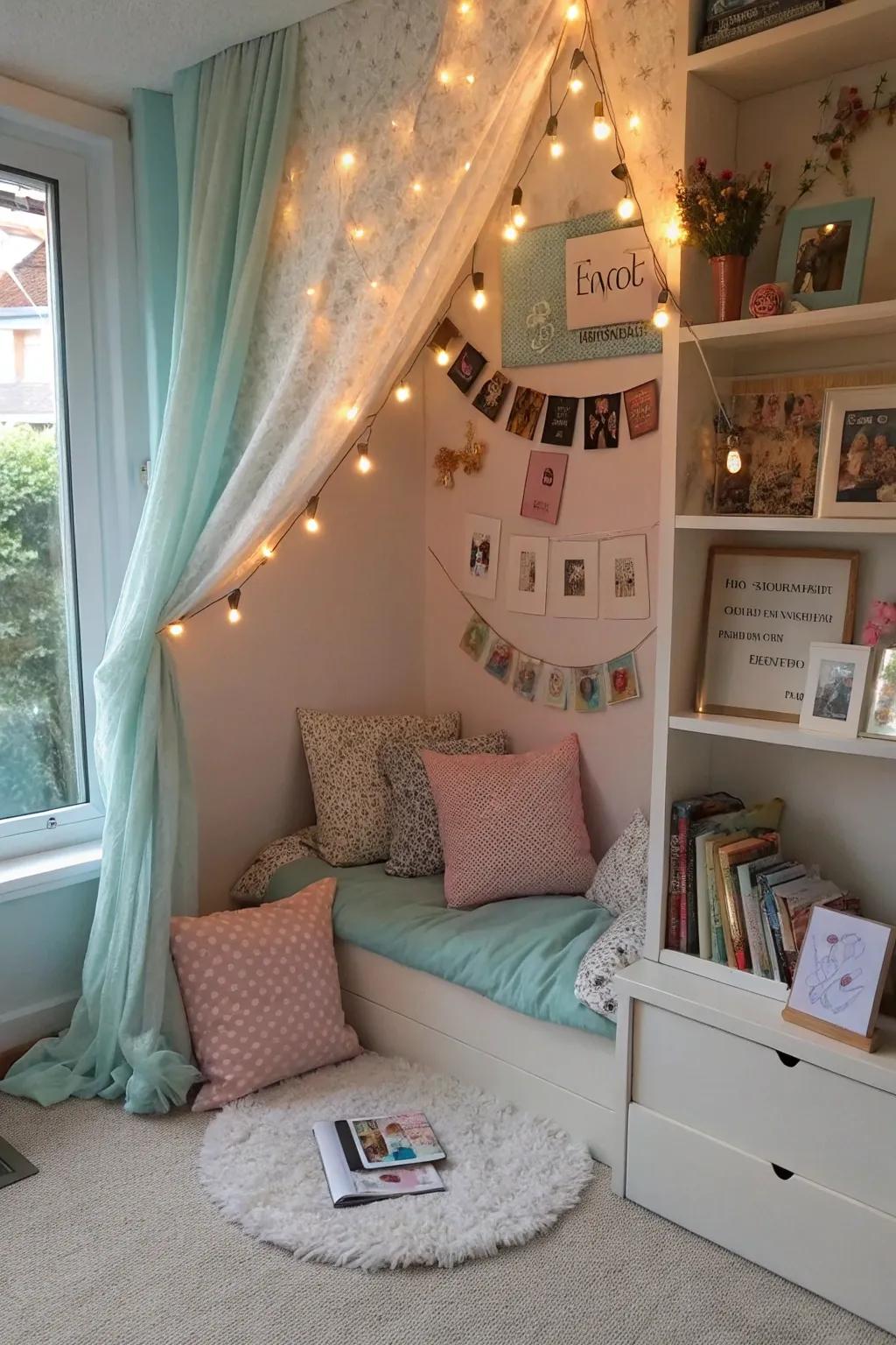 A personal nook filled with cherished items and colors.