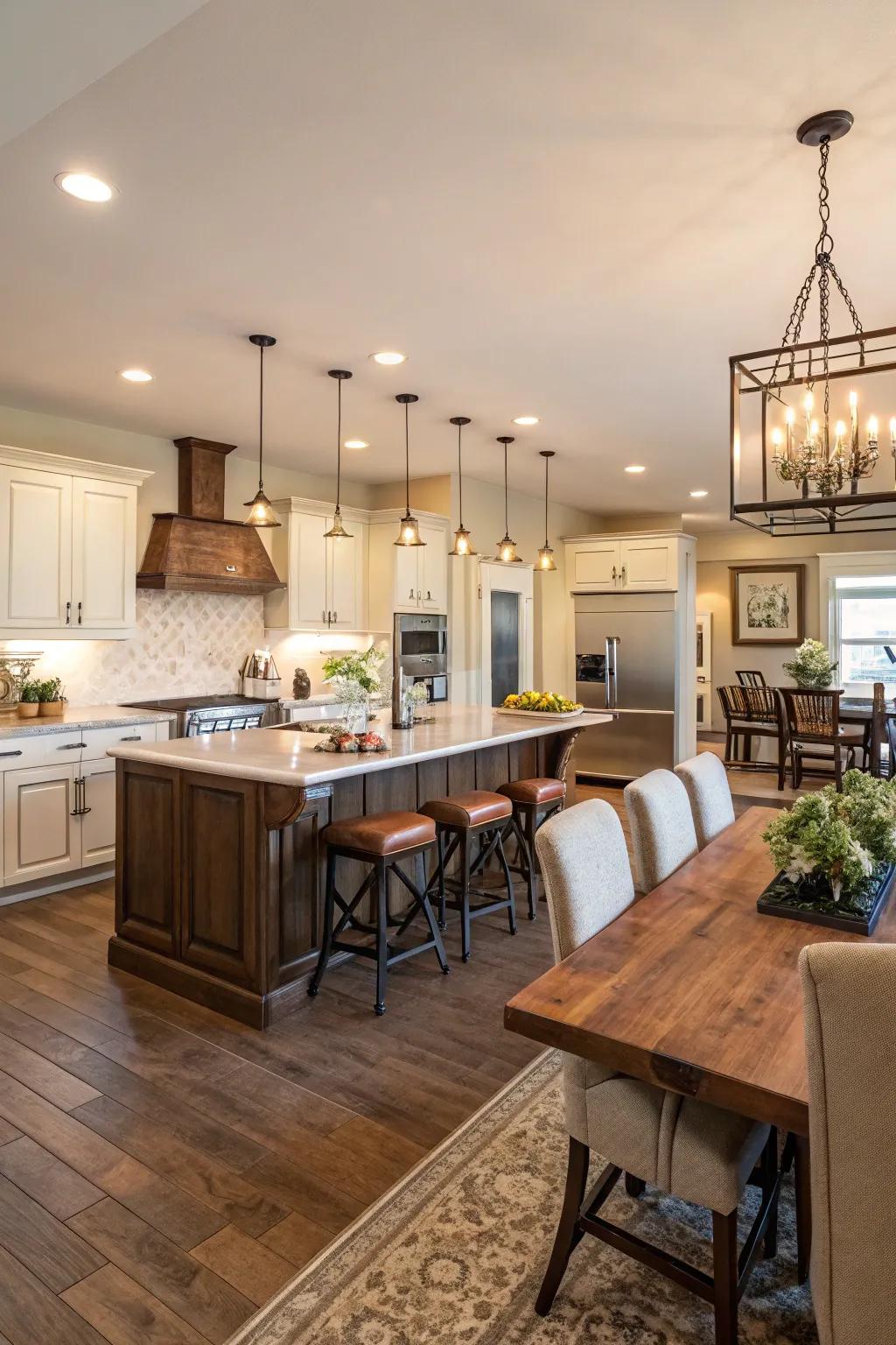 A transitional design connects the kitchen with dining and living spaces.