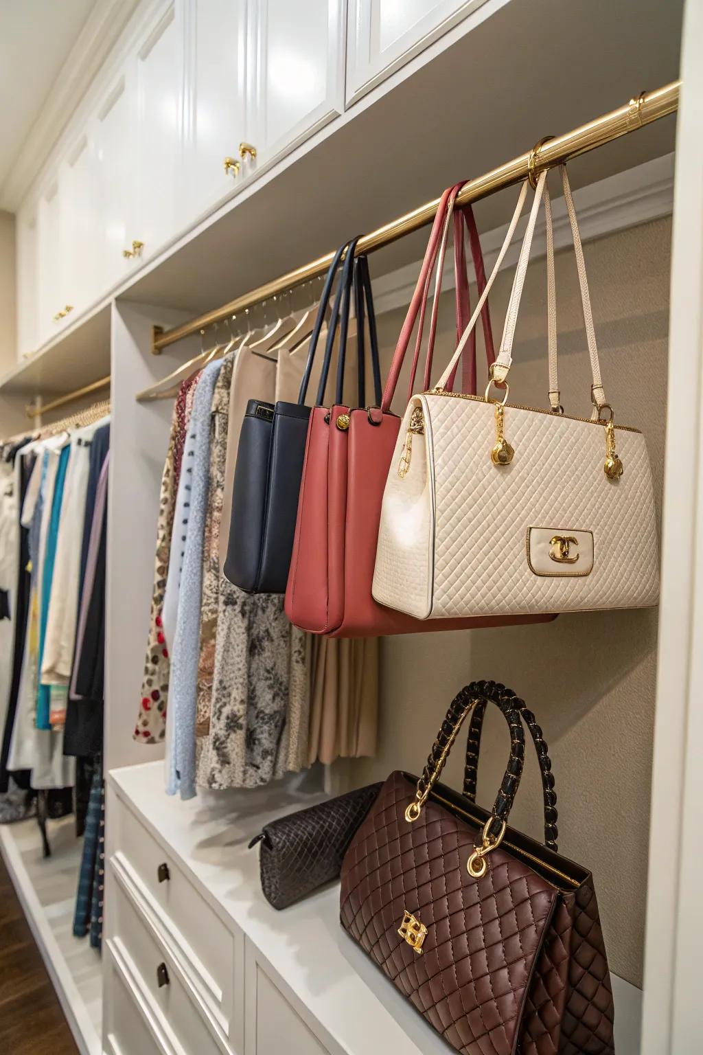 Hanging purses on a rod is both functional and fashionable.