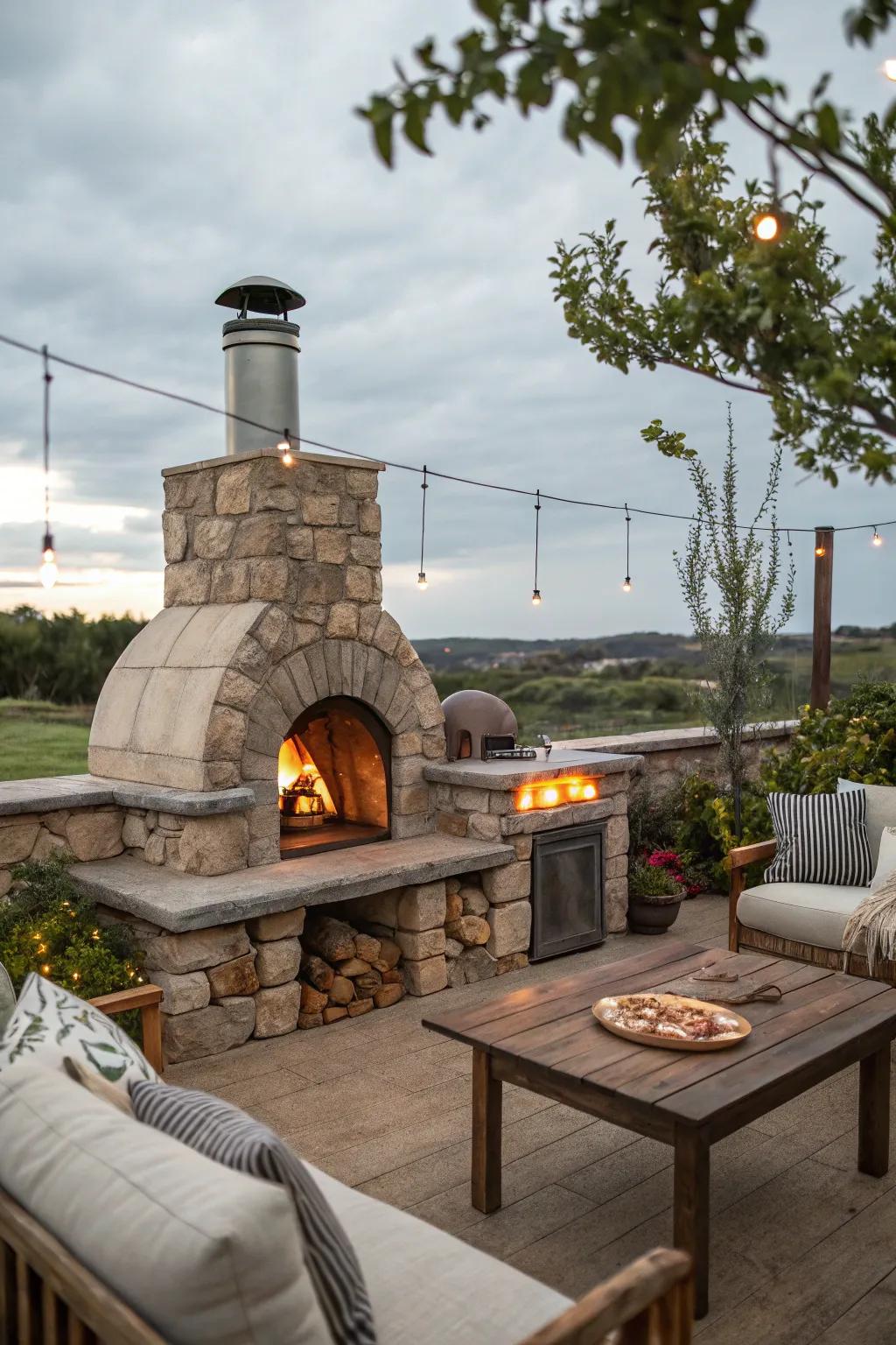 Savor delectable handmade pizzas with a fireplace and pizza oven combo.