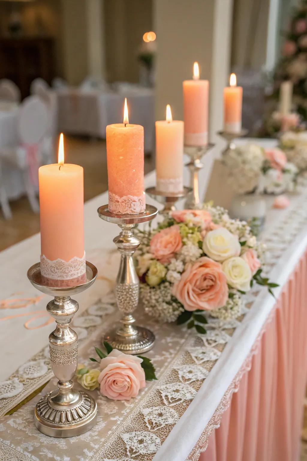 Romantic peach candlelight to enhance your evening reception.