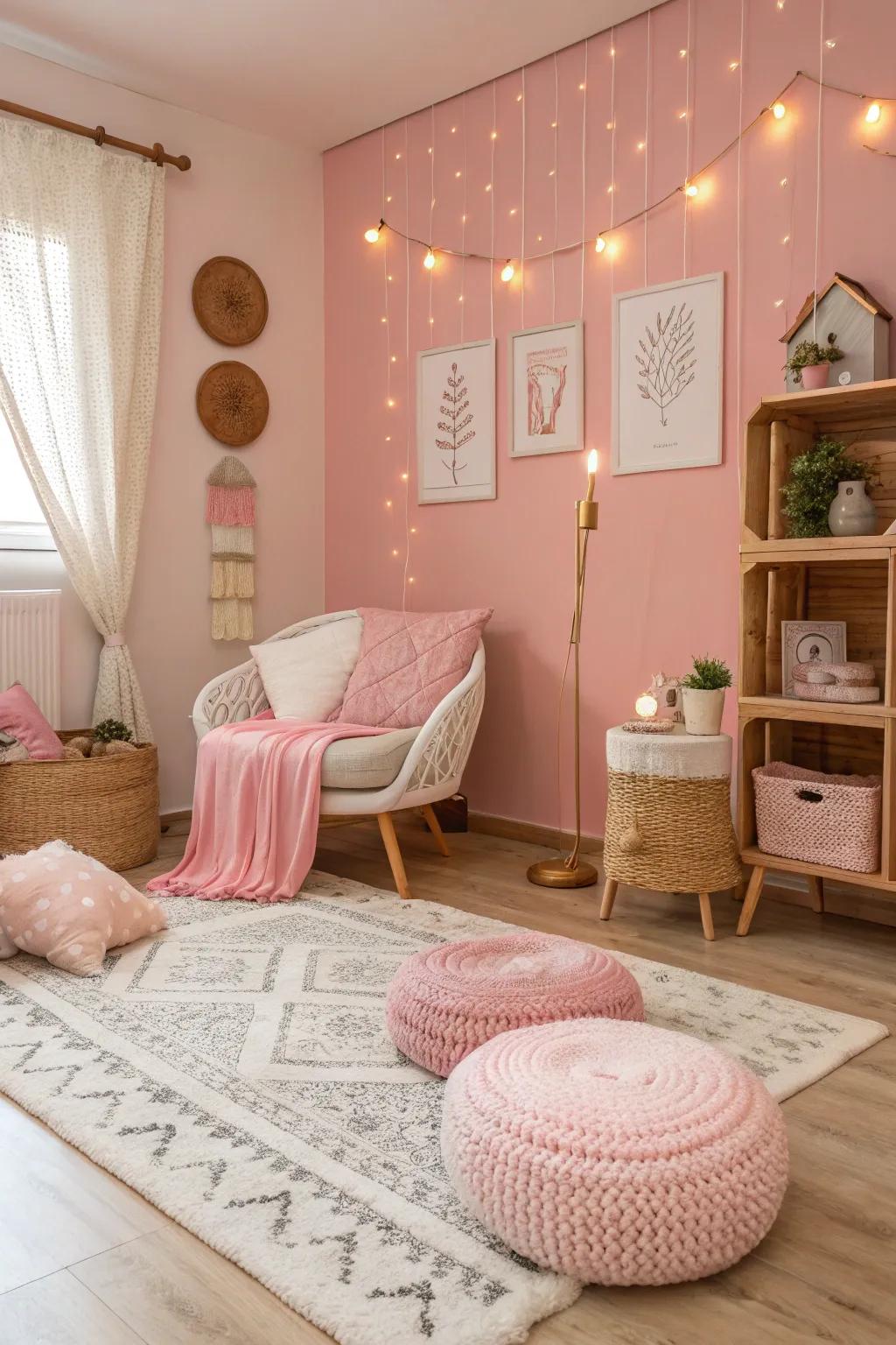 Pink and neutral tones create a harmonious setting.