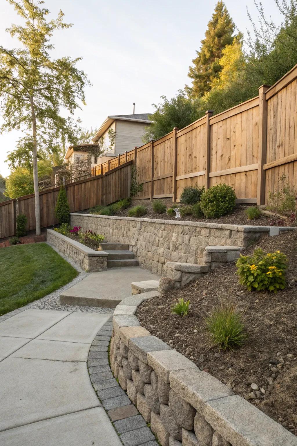 A standout combination of textures graces retaining walls and fencing.