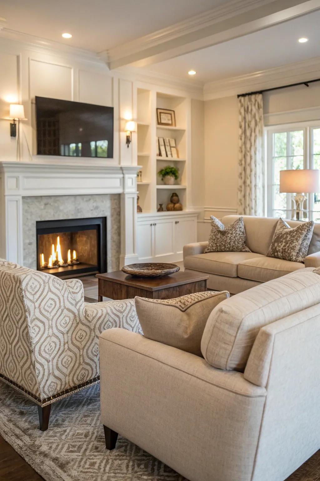 Neutral tones create a serene and cohesive fireplace seating area.