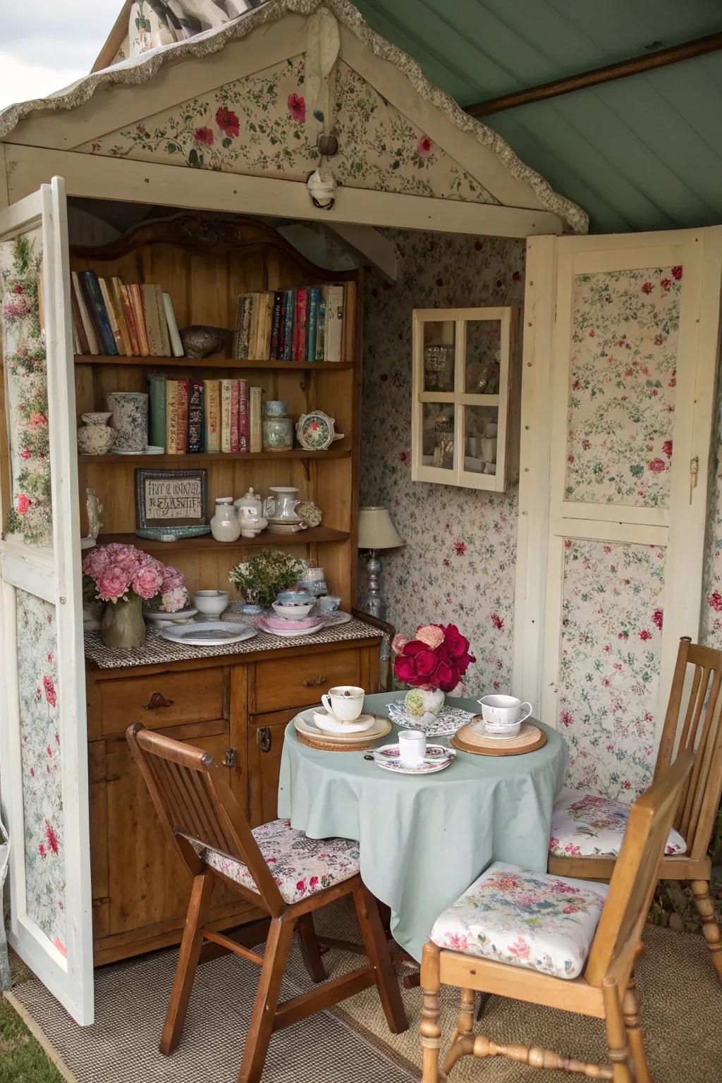 Turn your she shed into a vintage tea room with floral patterns and antique charm.