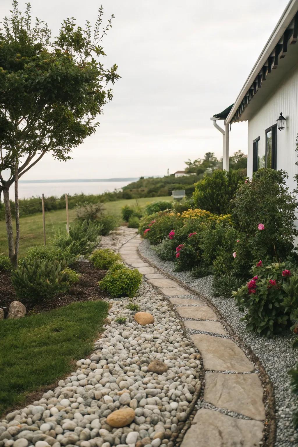 Pebble pathways add a simple, peaceful vibe to any side yard.