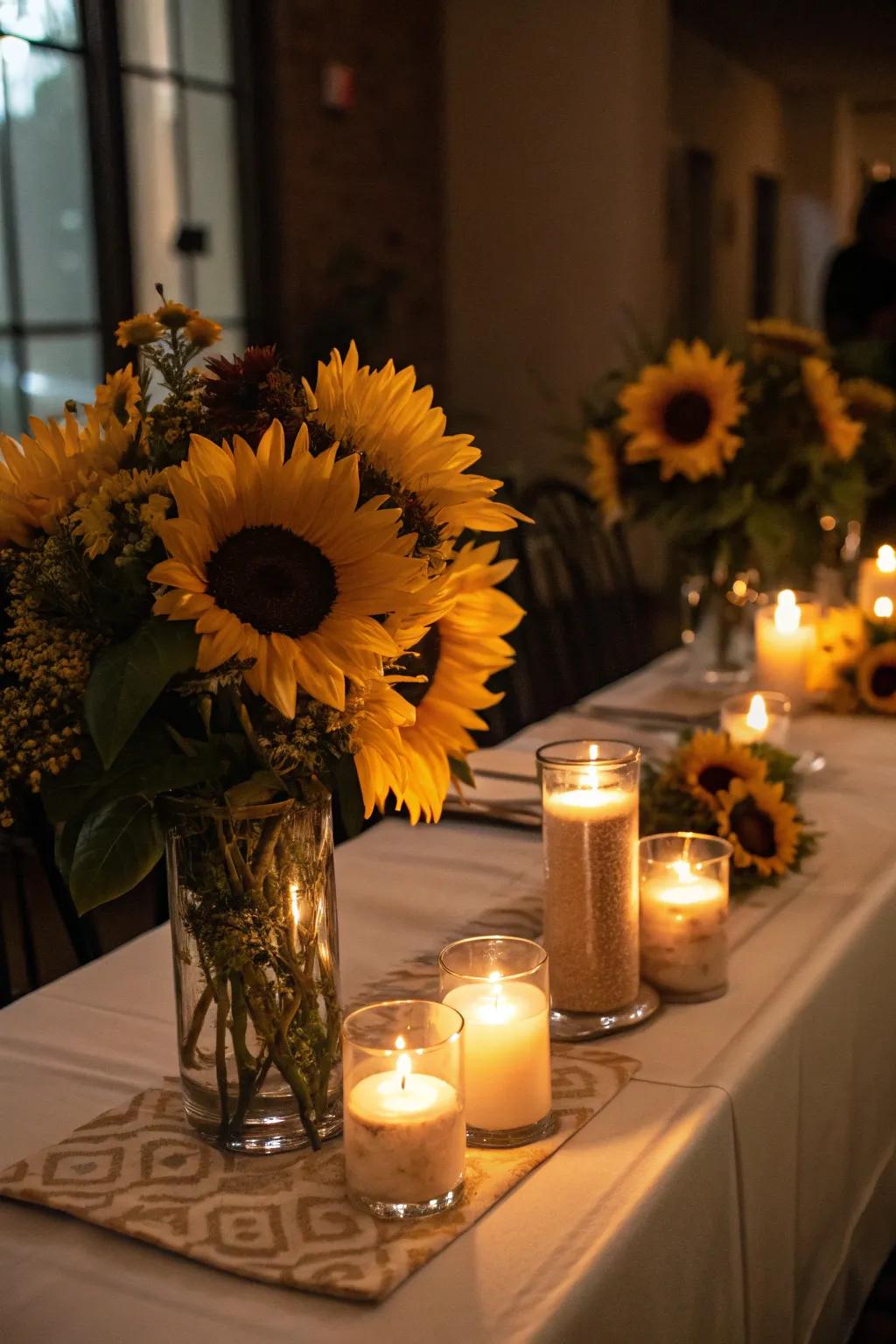 Sunflowers paired with candlelight create a romantic and inviting atmosphere.