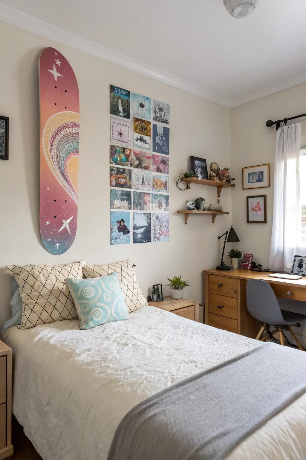 Personalize your bedroom with skateboard art.