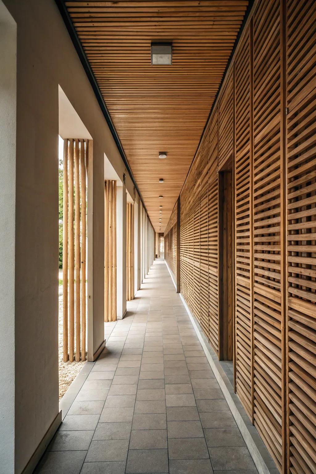 A long hallway transformed with wood slat panels for added interest.