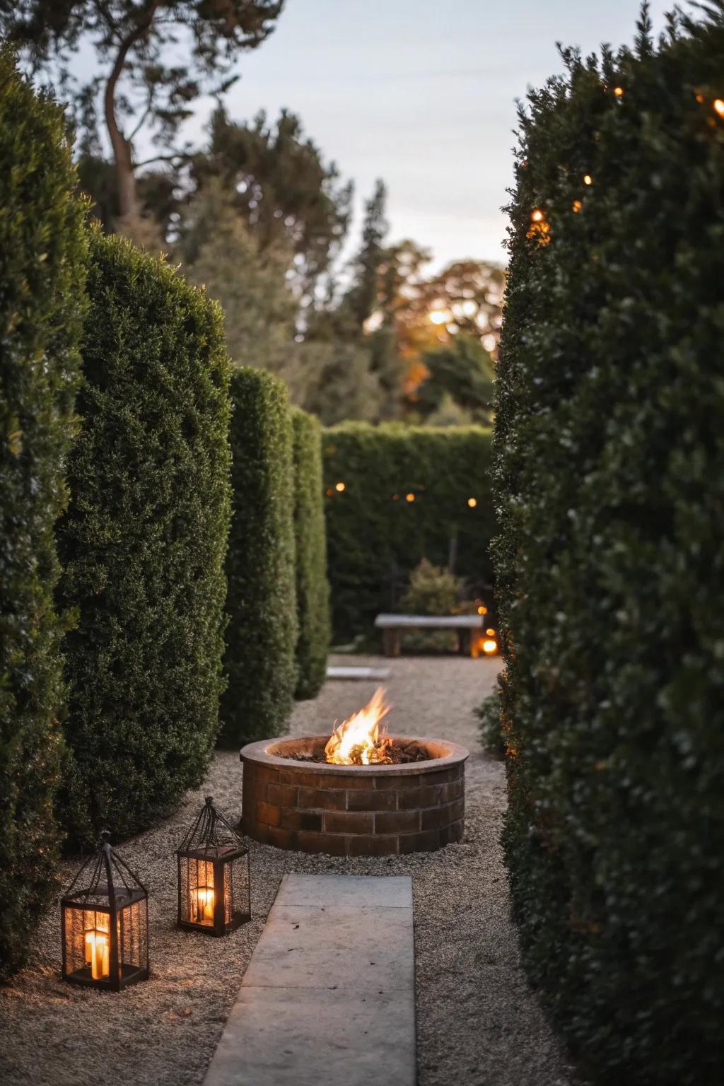 Tall hedges offer privacy and a sense of seclusion around the bonfire.