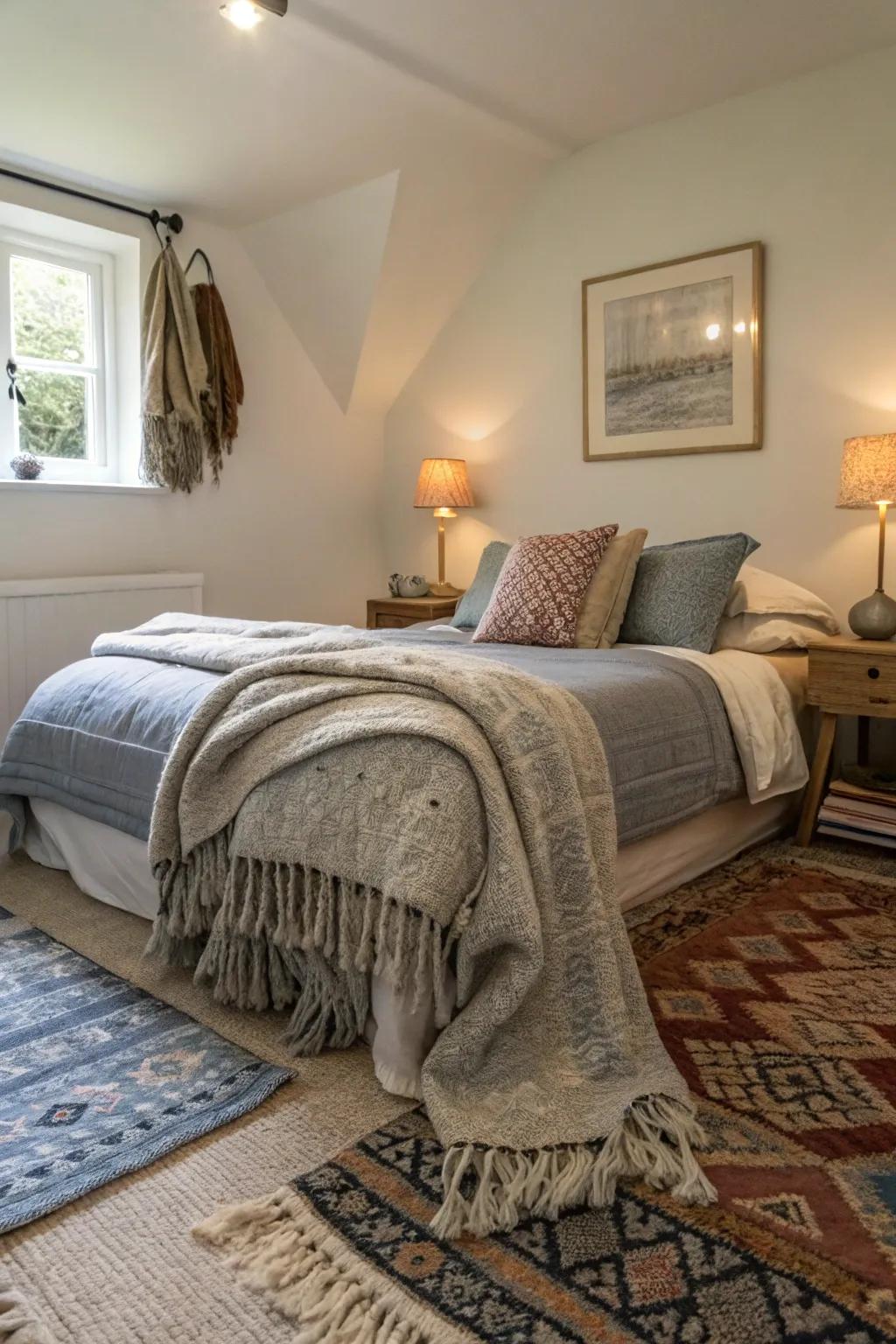 A small bedroom enriched with layered textiles and rugs for warmth.