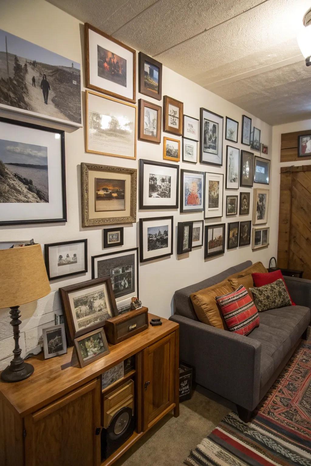 A personal gallery of framed photos adds warmth and character.