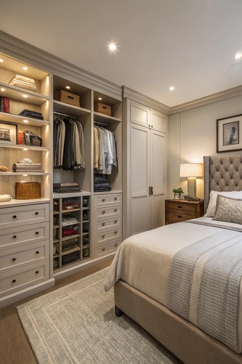 Built-in storage solutions keep a small master bedroom organized.