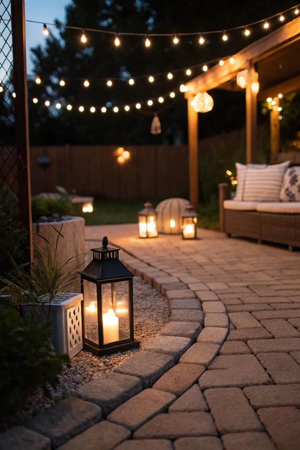 An enchanting patio aglow with beautiful lighting.