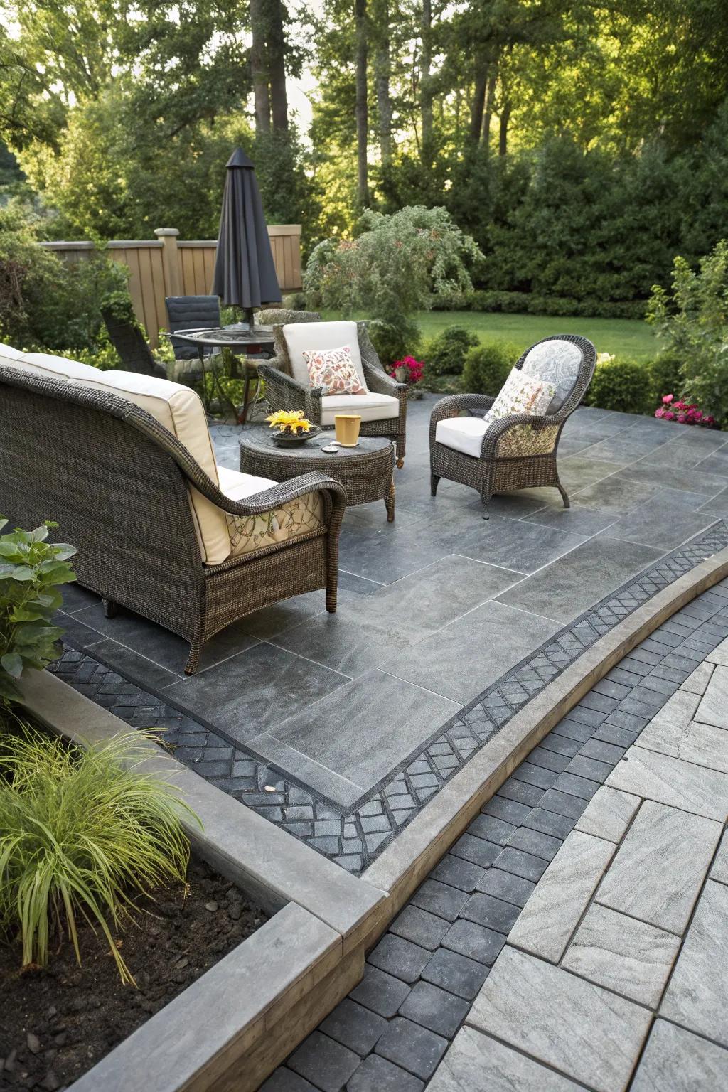 Sophisticated outdoor area with slate stamped concrete border