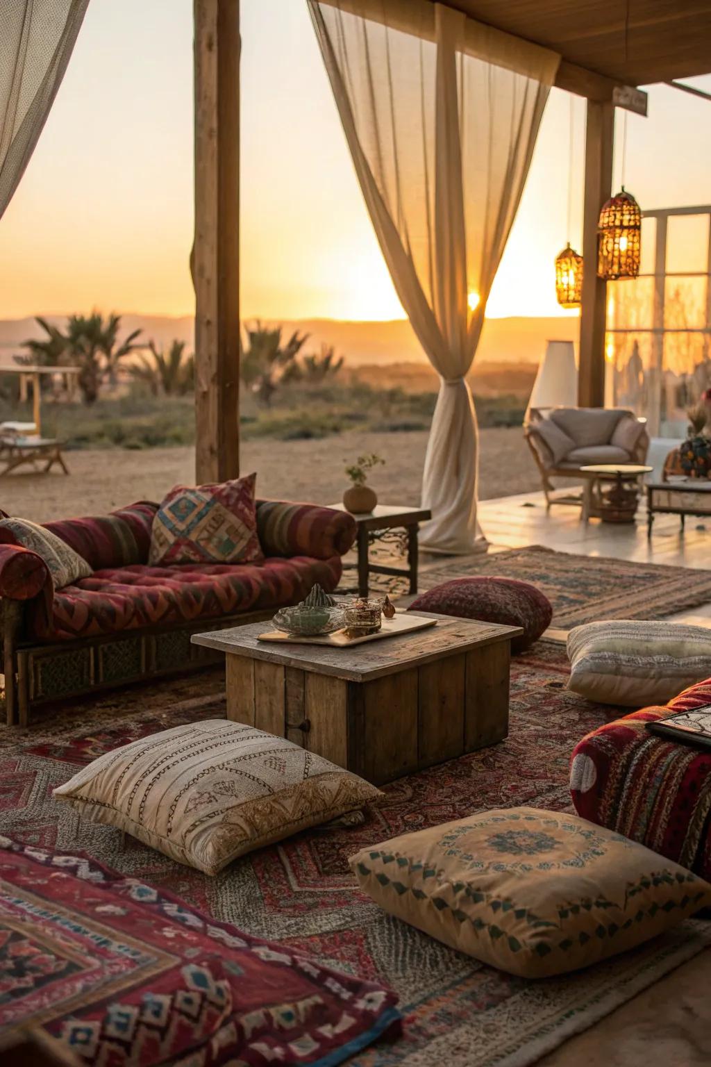 A bohemian lounge area with cushions and rugs at sunset.