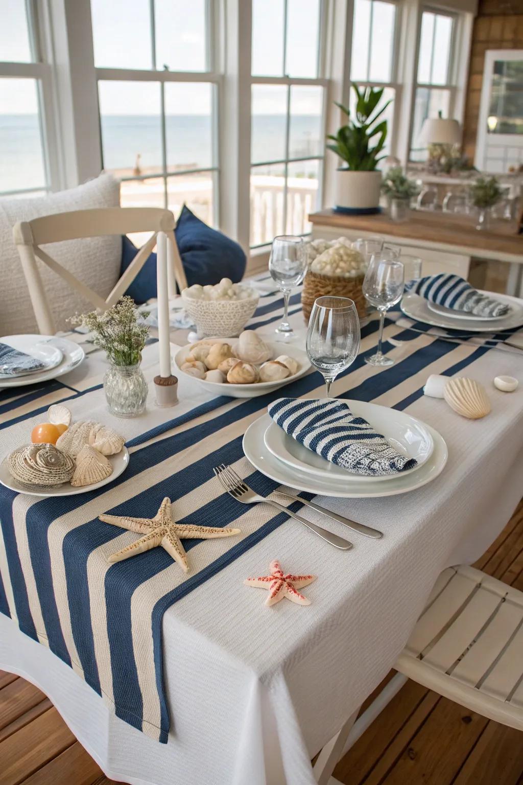 A nautical table setting with seashells and marine colors.