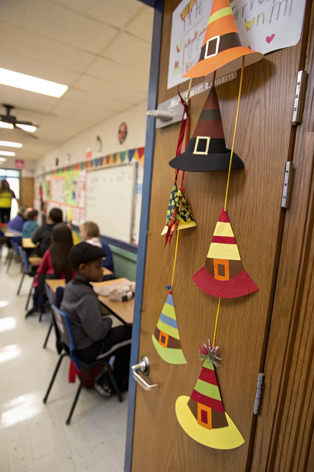 A display of handmade Pilgrim hats crafted by students for Thanksgiving.